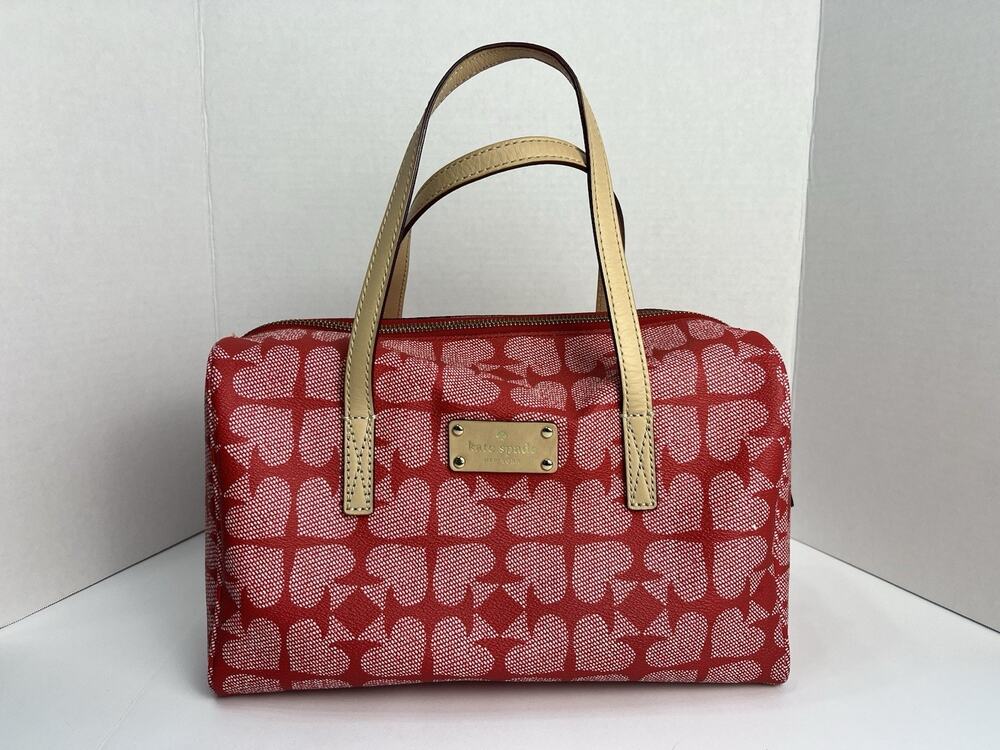 Kate Spade New York Red Pink Heart Pattern Satchel Zip Closure Double Handles
